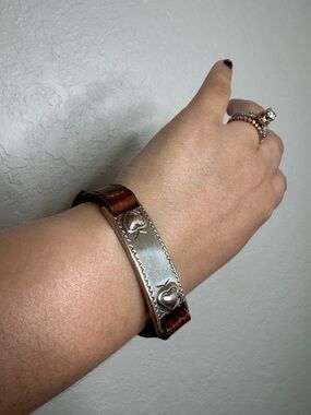SOLD Vintage 90s Silver Plate Leather Cuff Bracelet with Heart Accents